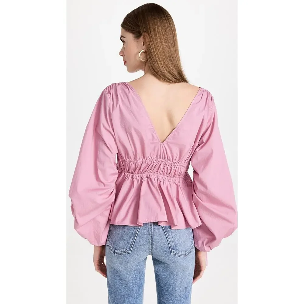 Staud Shelby Long Sleeve Plunging V-Neck Blouse Top Quartz Pink Women's XS